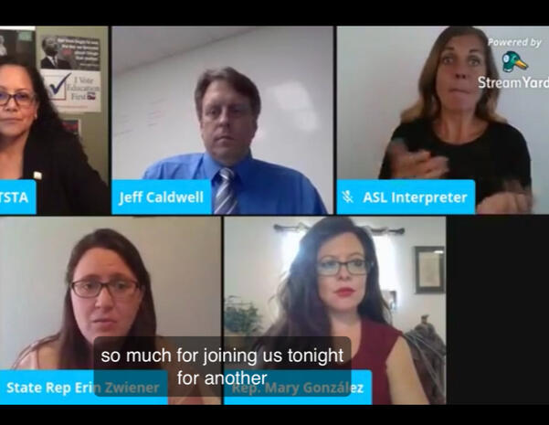 virtual interpretation StreamYard screen with 5 people, videos on, in a political webinar