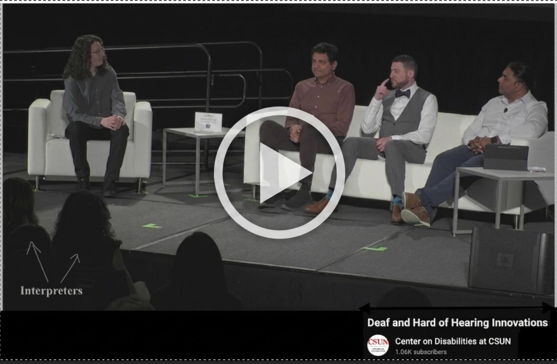 DHH Innovations Panel Video thumbnail of ASL to English interpretation work for an in person panel. Links to external video on YouTube starting at 20 minutes 1 second.