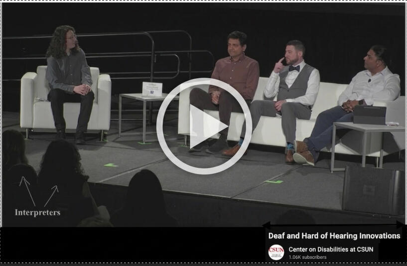 DHH Innovations Panel Video thumbnail of ASL to English interpretation work for an in person panel. Links to external video on YouTube starting at 20 minutes 1 second.